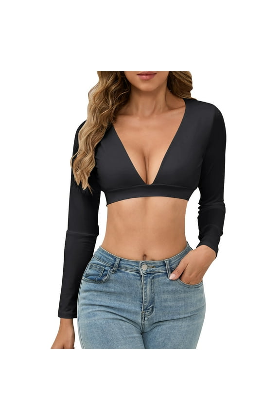 Womens Tops Cropped Deep V Neck Long Sleeve Bodycon Slim Tee Shirts Night Party Clubwear