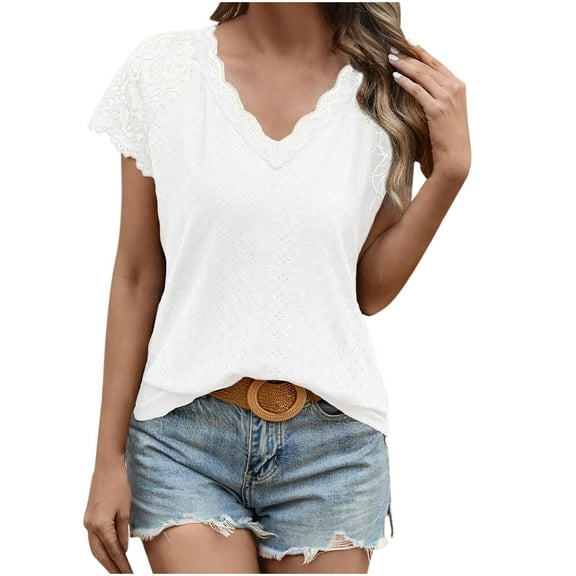 Timegard Womens Tops Eyelet Lace Cap Sleeve V Neck Comfy Tee Shirts Casual Tunic Tops Summer Fashion