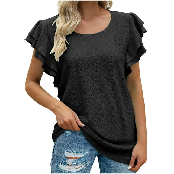 Timegard Womens Tops Eyelet Scoop Neck Ruffle Cap Sleeve Tee Summer Beach Casual Loose Comfy Shirt Tops