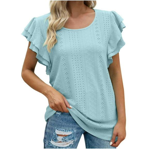 Timegard Womens Tops Eyelet Scoop Neck Ruffle Cap Sleeve Tee Summer Beach Casual Loose Comfy Shirt Tops