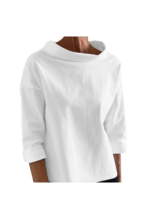 Womens Tops Half High Collar Long Sleeve Loose Fitting Shirts BlousesSolid Color Fall Fashion