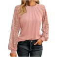 thumbnail image 1 of Timegard Womens Tops Lace Long Sleeve Drop Shoulder Ruched Blouse Fall Casual Crewneck Comfy Tee Tops, 1 of 6