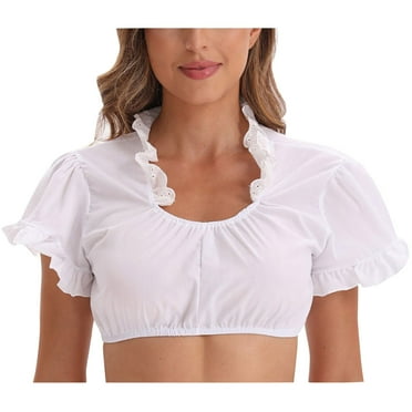 Timegard Womens Tops Lace Round Neck Ruffle Short Sleeve Ruched Lightweight Cropped Top Solid Color