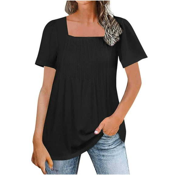 Timegard Womens Tops Pleated Square Neck Short Sleeve Tunic Tops Casual Travel Comfy Blouse Summer