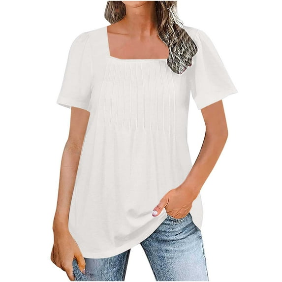 Timegard Womens Tops Pleated Square Neck Short Sleeve Tunic Tops Casual Travel Comfy Blouse Summer