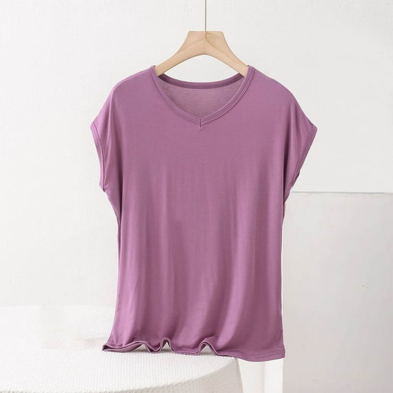 Timegard Womens Tops Plus Size Cap Sleeve V Neck Soft Comfy Sleepwear Casual Short Sleeve Basic Tee Shirts