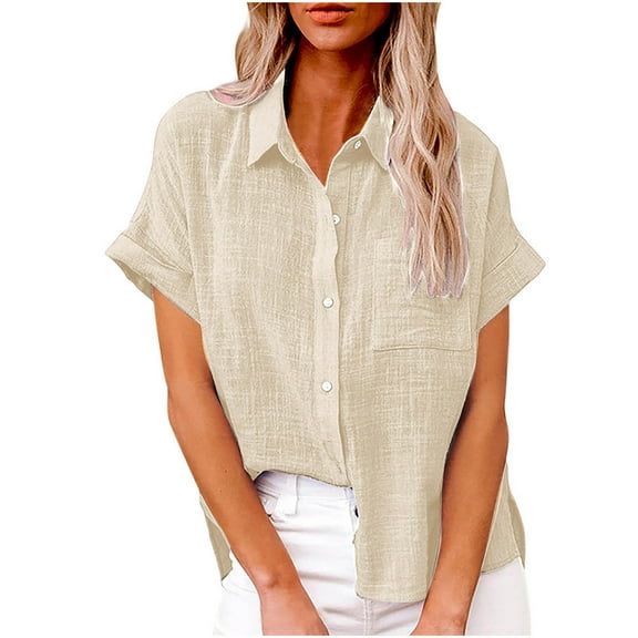 Timegard Womens Tops Plus Size Cotton Linen Button up Shirts Short Sleeve Loose Casual Summer Tee Tops