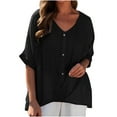 thumbnail image 1 of Timegard Womens Tops Plus Size Cotton Linen V Neck Button 1/2 Sleeve Loose Blouse Summer Casual Tops, 1 of 7