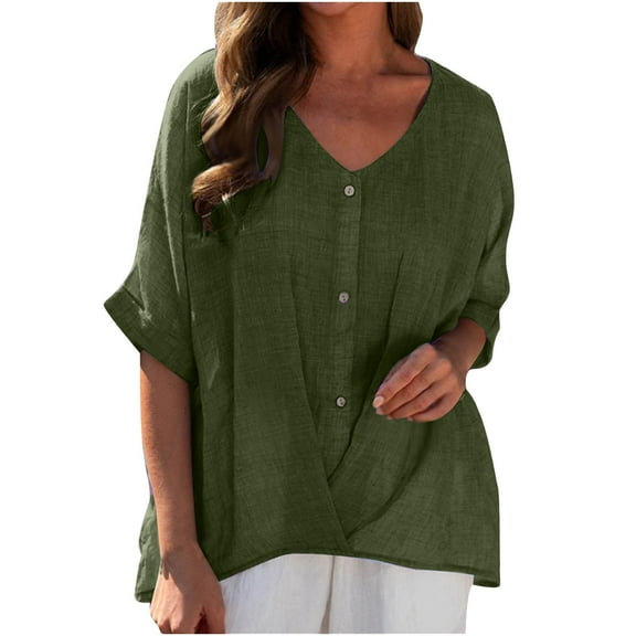 Timegard Womens Tops Plus Size Cotton Linen V Neck Button 1/2 Sleeve Loose Blouse Summer Casual Tops