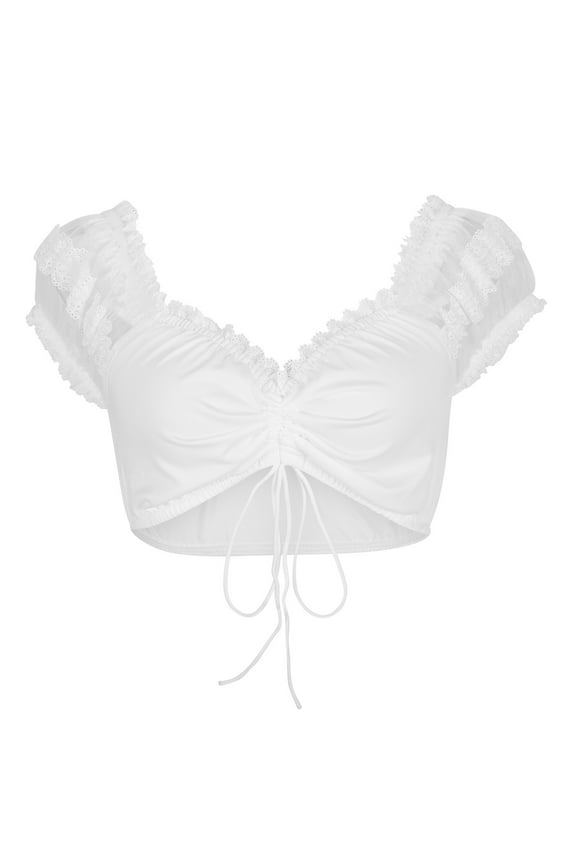 Womens Tops Plus Size Lace V Neck Ruched Drawstring Cap Sleeve Cropped Tops Tee Summer Fashion