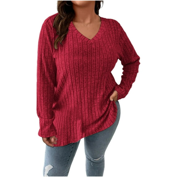 Timegard Womens Tops Plus Size Ribbed V Neck Loose Comfy Long Sleeve Blouse Casual Fall Winter Fashion