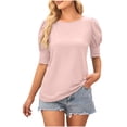 thumbnail image 1 of Timegard Womens Tops Puff Short Sleeve Button Round Neck Comfy Solid Color Dressy Casual Tunic Shirts Blouse, 1 of 4