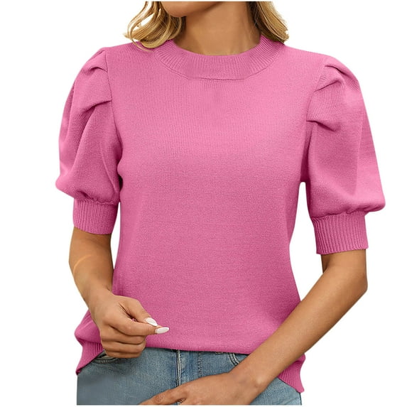 Timegard Womens Tops Puff Short Sleeve Ruched Crewneck Tunic Top Comfy Dressy Casual Knit Pullover