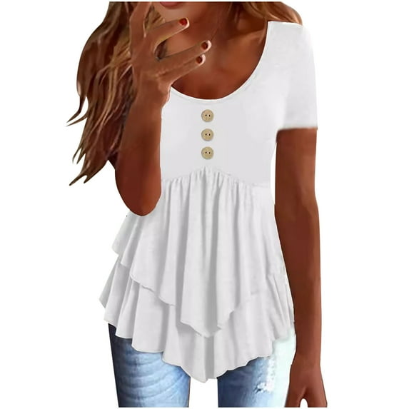 Timegard Womens Tops Round Neck Button Short Sleeve Ruffle Loose Comfy Blouse Casual Summer Fashion