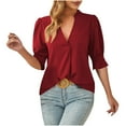thumbnail image 1 of Timegard Womens Tops Ruched Puff Short Sleeve Stand Collar V Neck Solid Color Casual Work Blouse Summer, 1 of 3