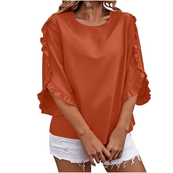 Timegard Womens Tops Ruffle Half Sleeve Crewneck Loose Comfy Tops Blouse Casual Summer Spring Solid Color