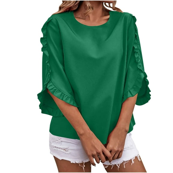 Timegard Womens Tops Ruffle Half Sleeve Crewneck Loose Comfy Tops Blouse Casual Summer Spring Solid Color