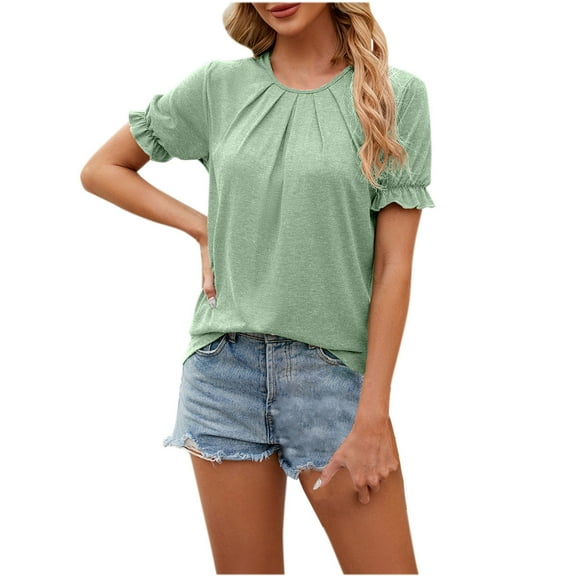 Timegard Womens Tops Ruffle Short Sleeve Ruched Round Neck Loose Tee Shirts Casual Comfy Tops Blouse