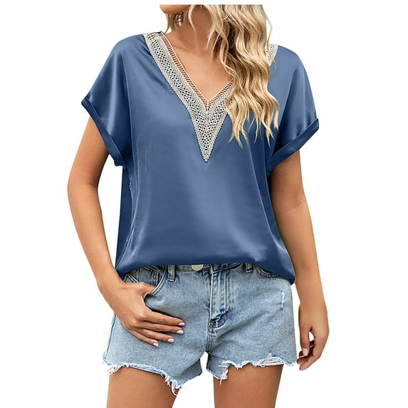 Timegard Womens Tops Satin Casual Cap Sleeve Lace V Neck Solid Color Loose Comfy Tee Tops Summer Fashion