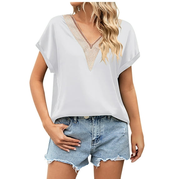 Timegard Womens Tops Satin Casual Cap Sleeve Lace V Neck Solid Color Loose Comfy Tee Tops Summer Fashion