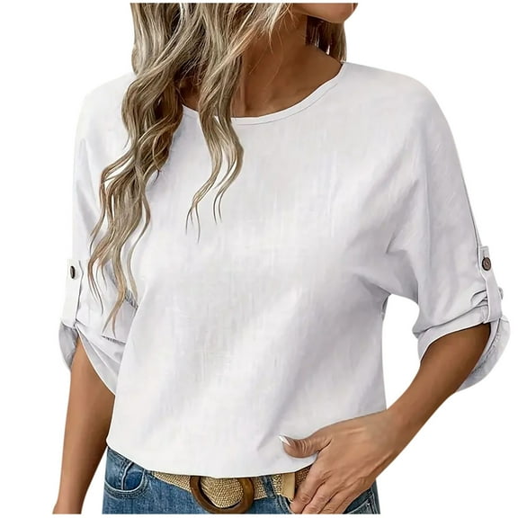 Timegard Womens Tops Scoop Neck 3/4 Sleeve Button Loose Lightweight Casual Solid Color Blouse Shirts