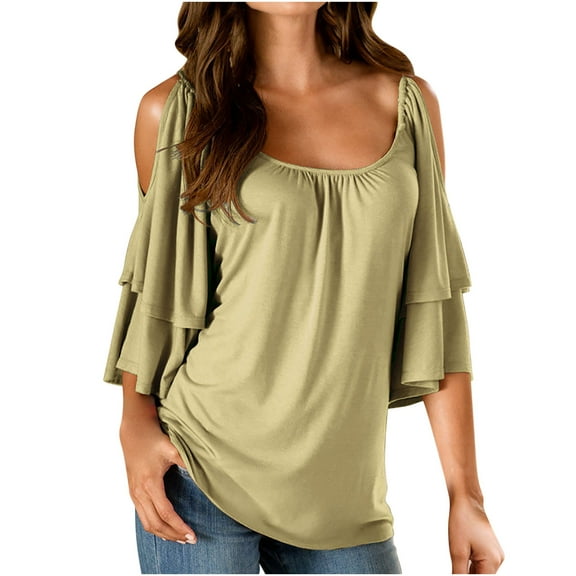 Timegard Womens Tops Scoop Square Neck Cold Shoulder Ruffle 1/2 Sleeve Loose Casual Comfy Tunic Tops