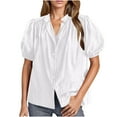 thumbnail image 1 of Timegard Womens Tops Stand Collar Lace Puff Short Sleeve Loose Button up Shirts Casual Summer Fashion, 1 of 4