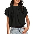 thumbnail image 1 of Timegard Womens Tops Stand Collar Ruched Petal Short Sleeve Back Button Solid Color Loose Casual Tee, 1 of 6