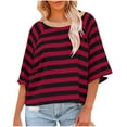 thumbnail image 1 of Timegard Womens Tops Striped 3/4 Sleeve Round Neck Comfy Crop Top Fall Casual Loose Tops Blouse Basic Tee, 1 of 4
