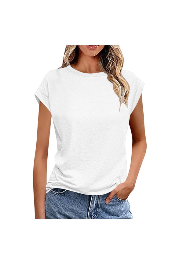 Womens Tops Summer Cap Sleeve Crewneck Slim Comfy Solid Color Casual Drop Shoulder Tee Shirts