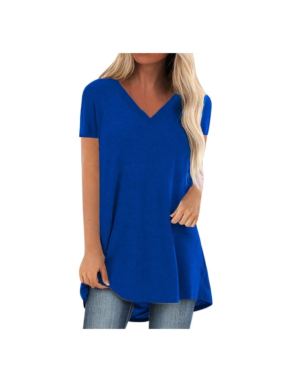 Womens Tops Summer Drop Shoulder V Neck Mid Long Tunic Tops Dressy Casual Comfy Blouse Tops