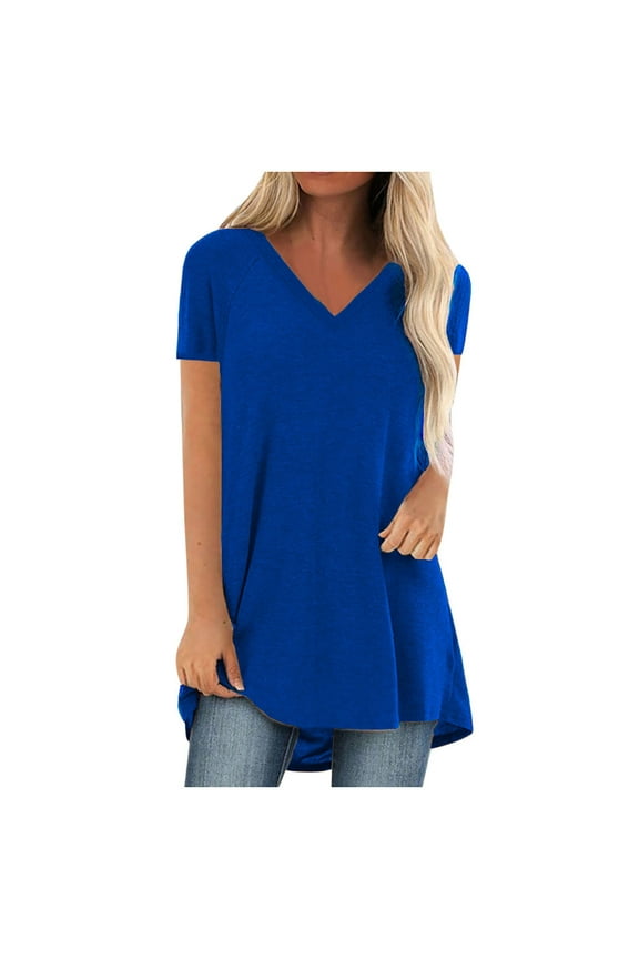 Womens Tops Summer Drop Shoulder V Neck Mid Long Tunic Tops Dressy Casual Comfy Blouse Tops