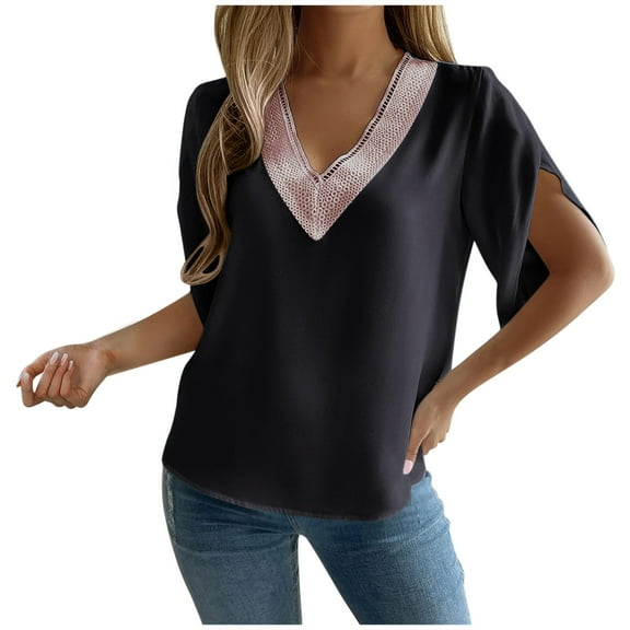 Timegard Womens Tops Summer Lightweight Loose Solid Color Lace V Neck Drop Shoulder Blouse Tops Casual