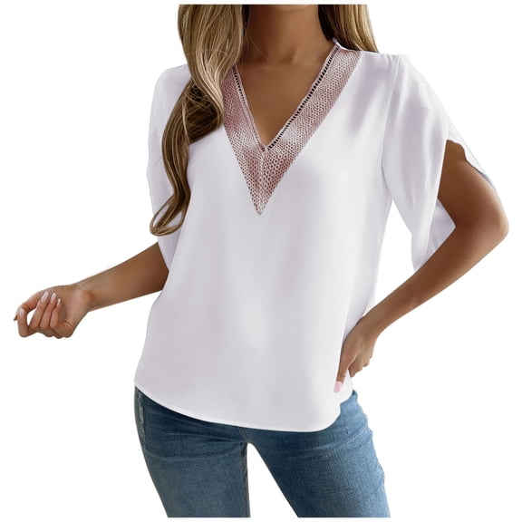 Timegard Womens Tops Summer Lightweight Loose Solid Color Lace V Neck Drop Shoulder Blouse Tops Casual