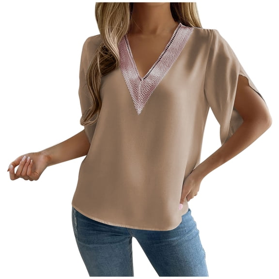 Timegard Womens Tops Summer Lightweight Loose Solid Color Lace V Neck Drop Shoulder Blouse Tops Casual