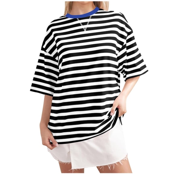 Timegard Womens Tops Summer Striped Crewneck Short Sleeve Comfy Blouse Casual Loose Workout Tshirts