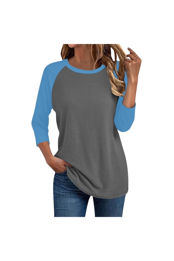 Womens Tops Summer Three Quarter Sleeve Round Neck Fitting Tee Shirts Color Block Athletic Tops