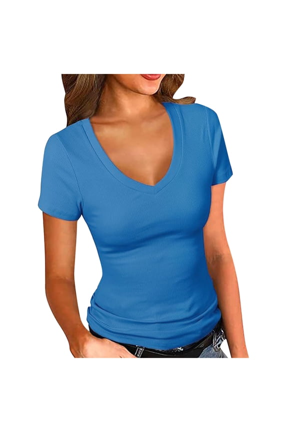 Womens Tops Summer V Neck Short Sleeve Stretch Solid Color Basic Tee Travel Casual Going out Top