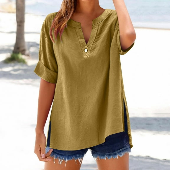 Timegard Womens Tops V Neck Button Cropped Sleeve Side Split Blouse Casual Loose Lightweight Shirts