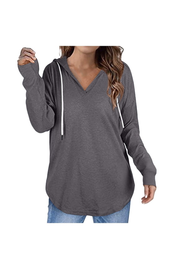 Womens Tops V Neck Drawstring Hoodies Pullover Long Sleeve Athletic Loose Comfy Blouse Tops