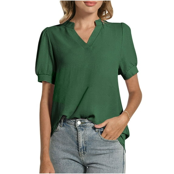 Timegard Womens Tops V Neck Puff Short Sleeve Lightweight Blouse Casual Work Tops Ruched Solid Color