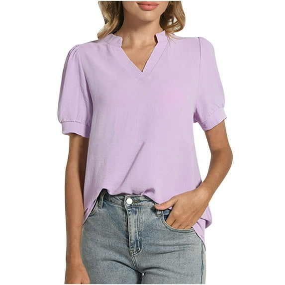 Timegard Womens Tops V Neck Puff Short Sleeve Lightweight Blouse Casual Work Tops Ruched Solid Color