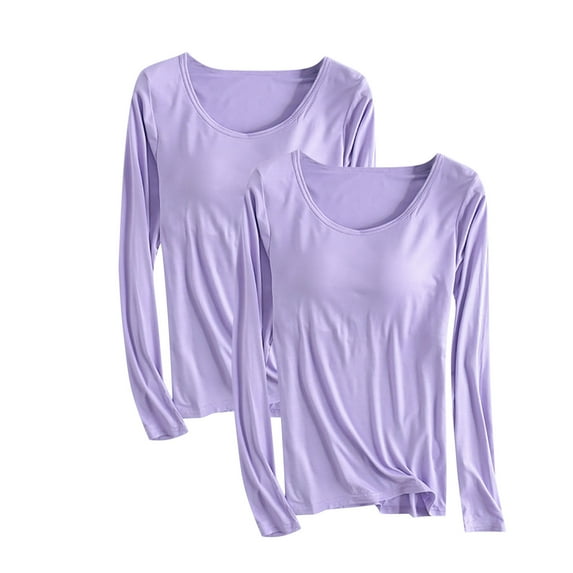 Timegard Womens Tops with Built Bras 2pc Long Sleeve Round Neck Soft Comfy Sleepwear Pajamas Tops Basic
