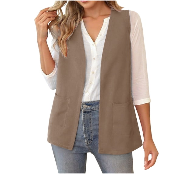 Timegard Womens Vests Sleeveless Cardigan Dressy Casual Fall Loose Fitting V Neck Open Front Vests Jackets with Pockets,Khaki,M