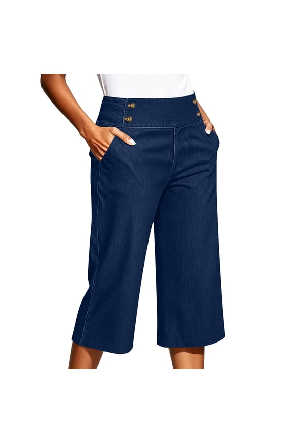 Womens Wide Leg Capri Jeans High Waisted Button Stretchy Loose Pull on Denim Cropped Pants with Pockets