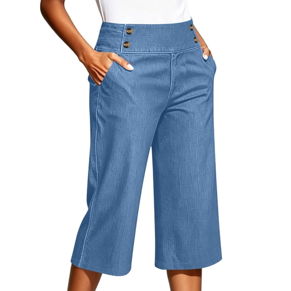 Timegard Womens Wide Leg Capri Jeans High Waisted Button Stretchy Loose Pull on Denim Cropped Pants with Pockets