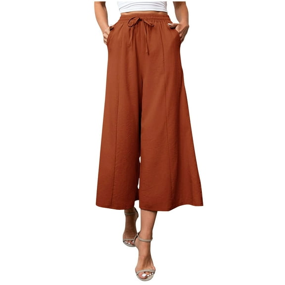 Timegard Womens Wide Leg Capri Pants Elastic Waisted Drawstring Casual Loose Crop Pants with Pockets