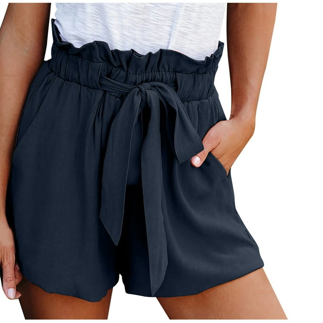 Timegard Womens Wide Leg Shorts Elastic High Waisted Tie Flowy Beach Wear Casual Loose Shorts with Pockets