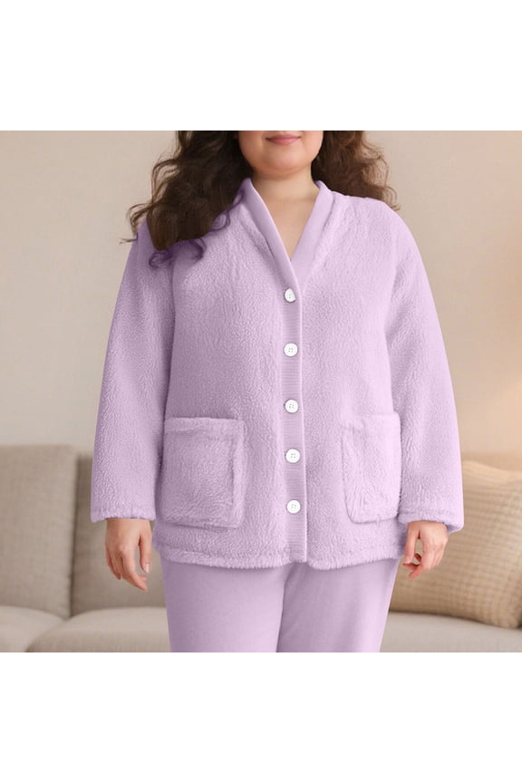 Womens Winter Coats Fuzzy Fleece Warm Pajamas Tops Button down Loungewear Comfy Thick Pjs