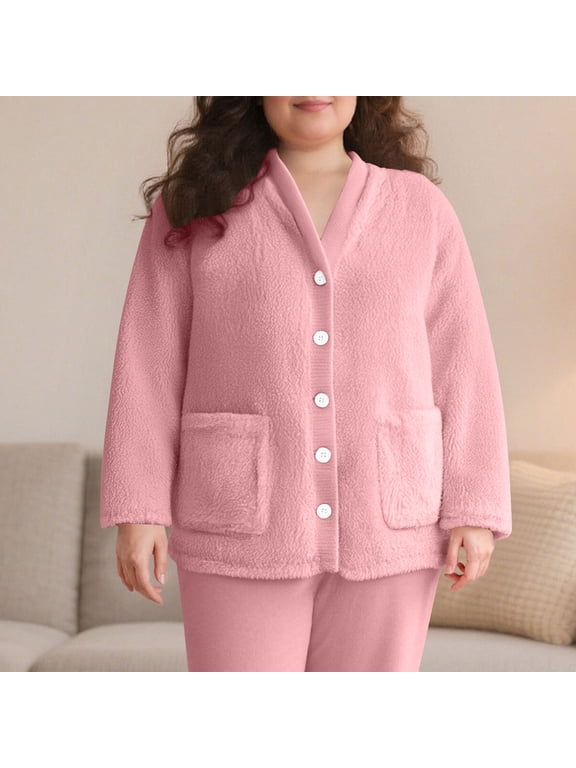 Womens Winter Coats Fuzzy Fleece Warm Pajamas Tops Button down Loungewear Comfy Thick Pjs